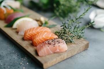 Sushi Delights: A beautifully arranged selection of fresh sushi, artfully presented on a rustic wooden board, invites you to indulge in a symphony of flavors and textures.