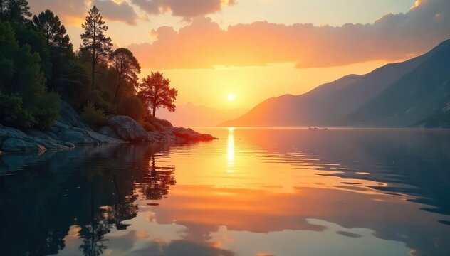 Serene waterfront scene at sunrise, calm water reflecting the golden light Perfect for travel, nature, and relaxation themes , aquatic, background, coastal