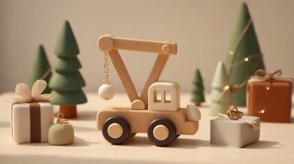 Wooden Toy Crane With Christmas Gifts and Holiday Trees Background