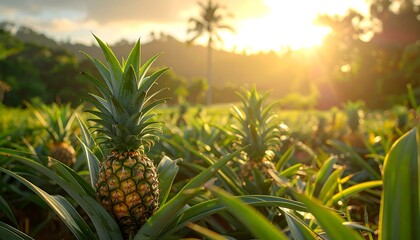 Fototapeta premium Pineapple field at sunset. Golden light bathes the lush foliage. Hills and a palm tree are in the background