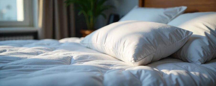 Soft, fluffy pillow resting on a plush, inviting bed, ready for a restful night's sleep Perfect for promoting sleep products or relaxation , comfort, cozy