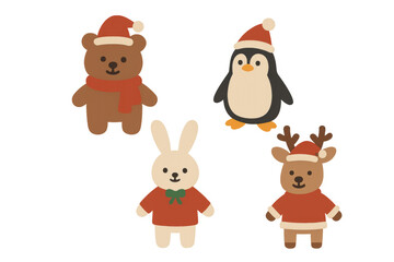 Fototapeta premium Cute christmas animal characters wearing santa hats and sweaters, holiday season illustration on transparent background