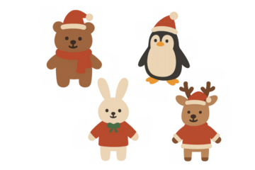 Cute christmas animal characters wearing santa hats and sweaters, holiday season illustration on transparent background