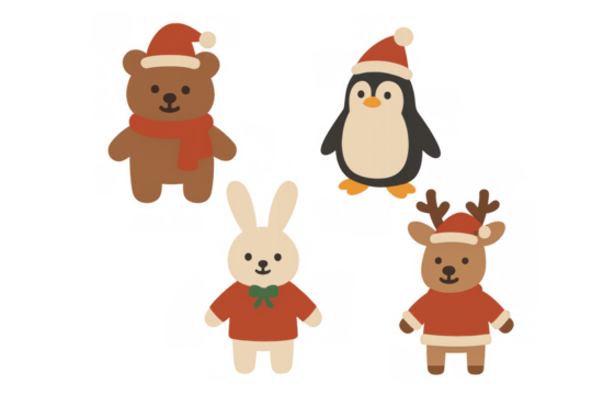 Cute christmas animal characters wearing santa hats and sweaters, holiday season illustration on transparent background - Powered by Adobe