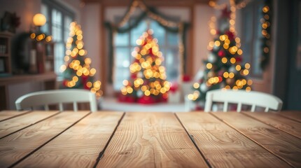 Christmas trees lights bokeh holiday season festive celebration winter background decoration interior design tabletop wood