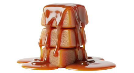 A tall stack of three golden brown caramel flans or custards drizzled with rich caramel sauce isolated on transparent background