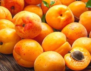 Close-up of ripe apricots; some whole, some halved, scattered on wood surface