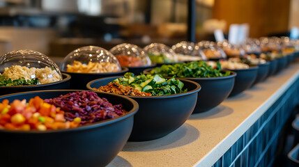 Healthy eating starts here! Bowls of colorful salads and various toppings lined up, ready to customize your perfect dish. Fresh ingredients and vibrant flavors await.