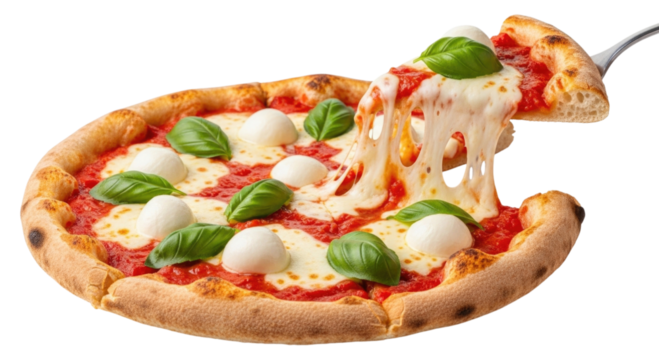 Delicious margherita pizza with fresh basil and melted mozzarella cheese being lifted on a fork isolated on transparent background