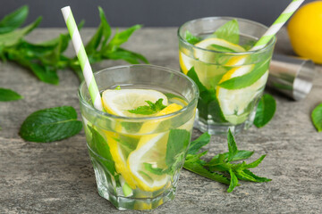 Mojito summer refreshing cocktail with ice and mint. mojito cocktail with lime, lemon and mint in a tall glass with a stick
