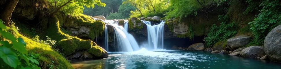 Fototapeta premium Serene waterfall cascading down moss-covered rocks, sunlight dappling the lush green foliage A perfect representation of nature's untamed beauty and effortless flow , leaves, plants
