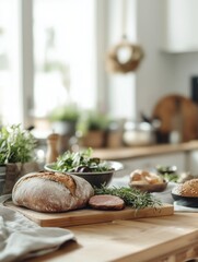 Artisan Bread and Fresh Meal: A rustic wooden cutting board features a freshly baked loaf of artisan bread, paired with a tender cut of meat.