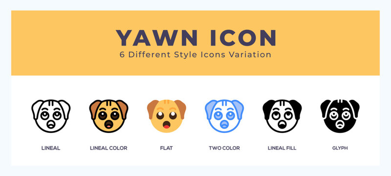 Naklejki Yawn dog icon set. outline. glyph black. flat color and filled line color