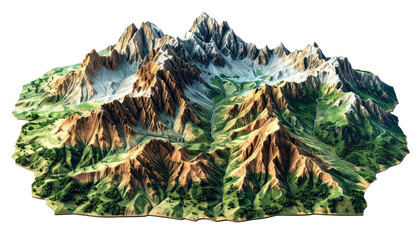 Topographic model showcasing mountain range and green valleys