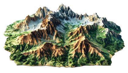 Topographic model showcasing mountain range and green valleys