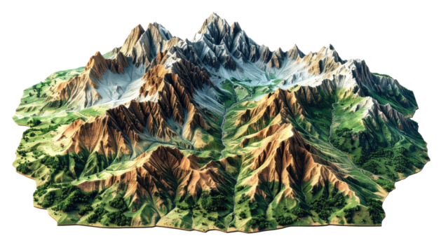 Topographic model showcasing mountain range and green valleys