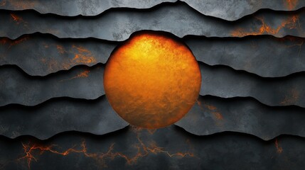 Molten core abstract: A captivating abstract artwork, featuring a fiery, spherical core, set against a layered backdrop of textured, undulating surfaces. This piece symbolizes raw energy.