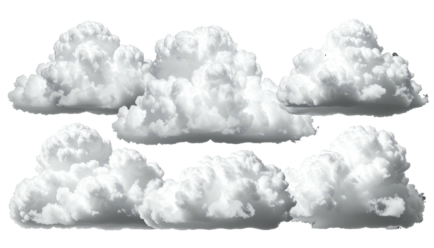 Six fluffy, bright white clouds grouped against a dark background
