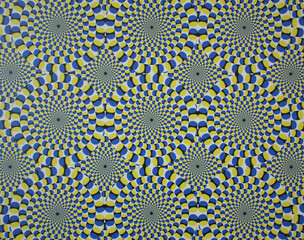 optical illusion artwork featuring concentric circular patterns in vivid blue, yellow, and white. The hypnotic spinning design creates a dynamic sense of motion and depth, ideal for backgrounds.