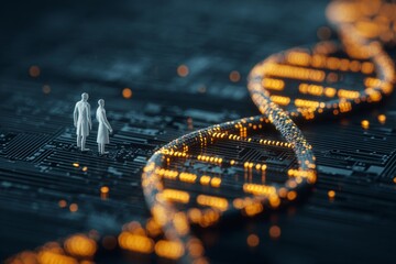 Behind the scenes of genetic discovery: experts review dna displays. Cyber interaction. Intricate dna reviews: specialists examine complex patterns in dim light. Cyber technology. Ai integration.