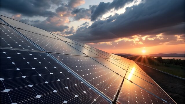 Solar panels at sunset generating renewable energy. Sustainable power and eco technology concept.