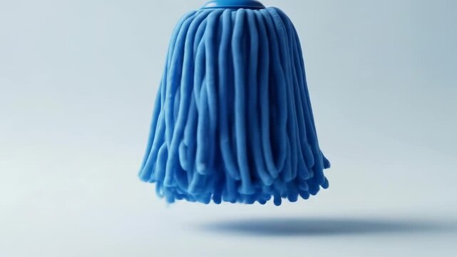 Close-up of a blue mop head, suspended in air. Clean, minimalistic look. Isolated against white