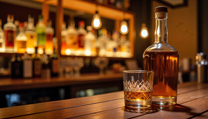 Whiskey bottle with glass on wooden bar counter in pub setting