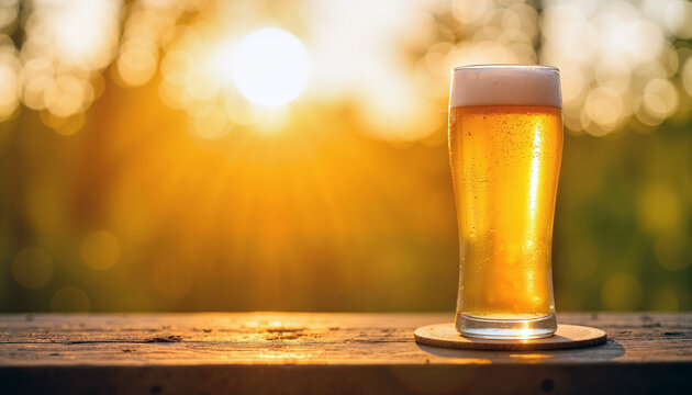 Glass of beer on wooden table with sunset background for Saint Patrick's Day  