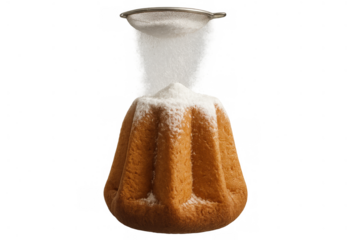 Pandoro cake receiving a dusting of powdered sugar, traditional italian christmas sweet bread dessert, transparent background