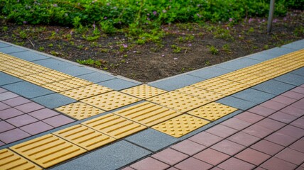 A close-up view of intersecting pavement tiles featuring tactile yellow strips, designed for accessibility in a landscaped area.