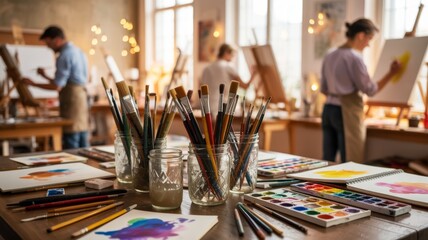 A vibrant art studio scene with people painting, featuring brushes, watercolors, and canvases, creating a creative and inspiring atmosphere.