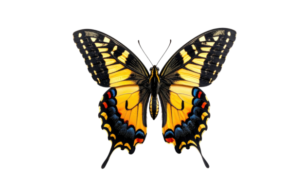 Butterfly with striking yellow, black, and blue wing patterns