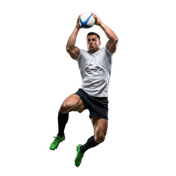 Athletic rugby player in mid air catching the ball with intense focus isolated on transparent background