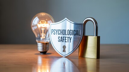 A light bulb, shield, and padlock symbolize the concept of psychological safety in an engaging and visually artistic manner.