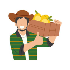 Fruit farmer carrying a box of oranges on his shoulder and giving thumbs up gesture. Flat character illustration isolated on white background