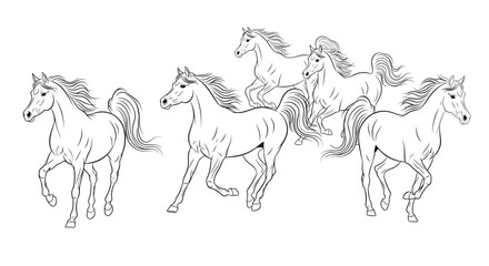 A black and white line art illustration of a herd of five beautiful horses running together on a plain background.
