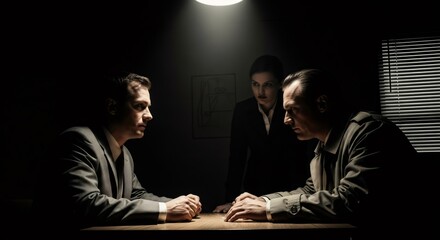 Two men and a woman investigator at an interrogation table. Police interrogation scene in a dark room. Crime and criminal investigation concept.