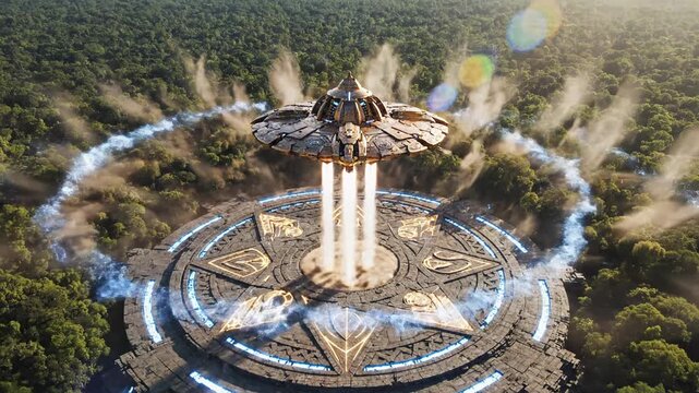 Ancient Hindu Alien Vimana Launching from Jungle Platform A Conspiracy Theory Visualization with a Detailed and Imaginative Concept