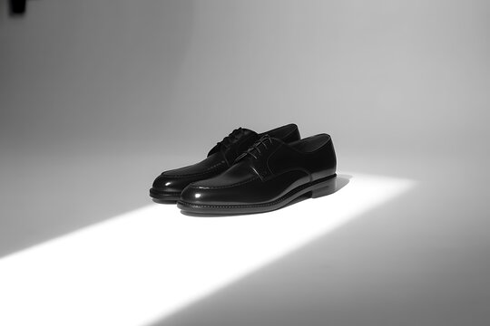 A pair of sleek black patent leather oxford shoes rests on a white surface illuminated by a dramatic diagonal light beam