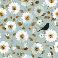 Mint Oriental Bird and Daisy Blossom Pattern on Light Blue Background