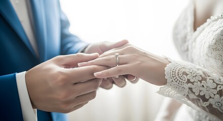 Closeup of a groom placing a wedding ring on his brides finger during a wedding ceremony, symbolizing love and commitment