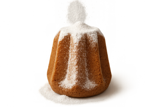 Italian pandoro cake being dusted with powdered sugar, traditional christmas sweet dessert, transparent background