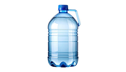Large clear water jug, blue cap and handle, filled half full