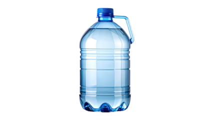 Large clear water jug, blue cap and handle, filled half full