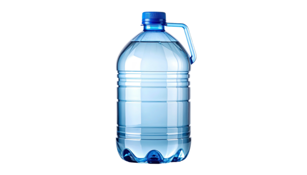 Large clear water jug, blue cap and handle, filled half full