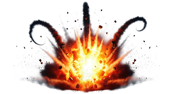 Fiery rocket launch explosion with smoke and debris isolated on transparent background