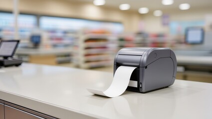Receipt printer with paper on a white counter in a blurry supermarket.