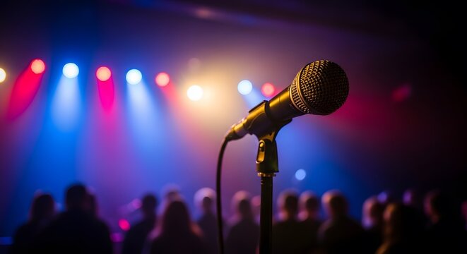 A microphone on a stand in front of a blurred audience with colorful stage lights