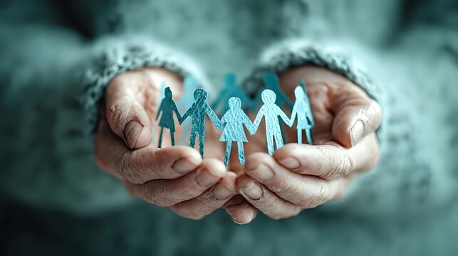 Elderly hands holding paper cutout family figures symbolizing care, protection, and family unity for social services and insurance concepts.