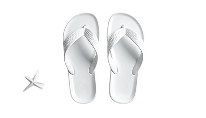 White flip-flops with starfish, isolated on stark black backdrop